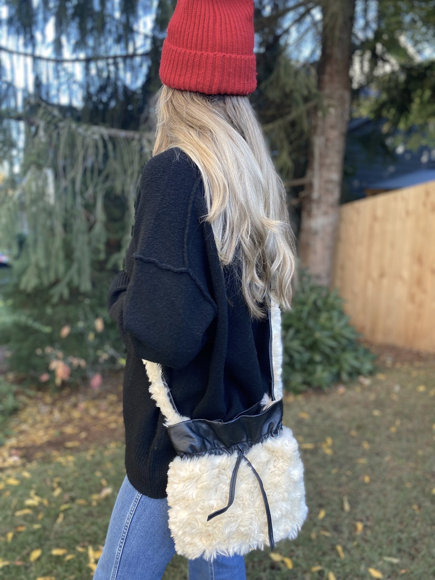 Black Leather and Faux Sherpa Shoulder Bag
