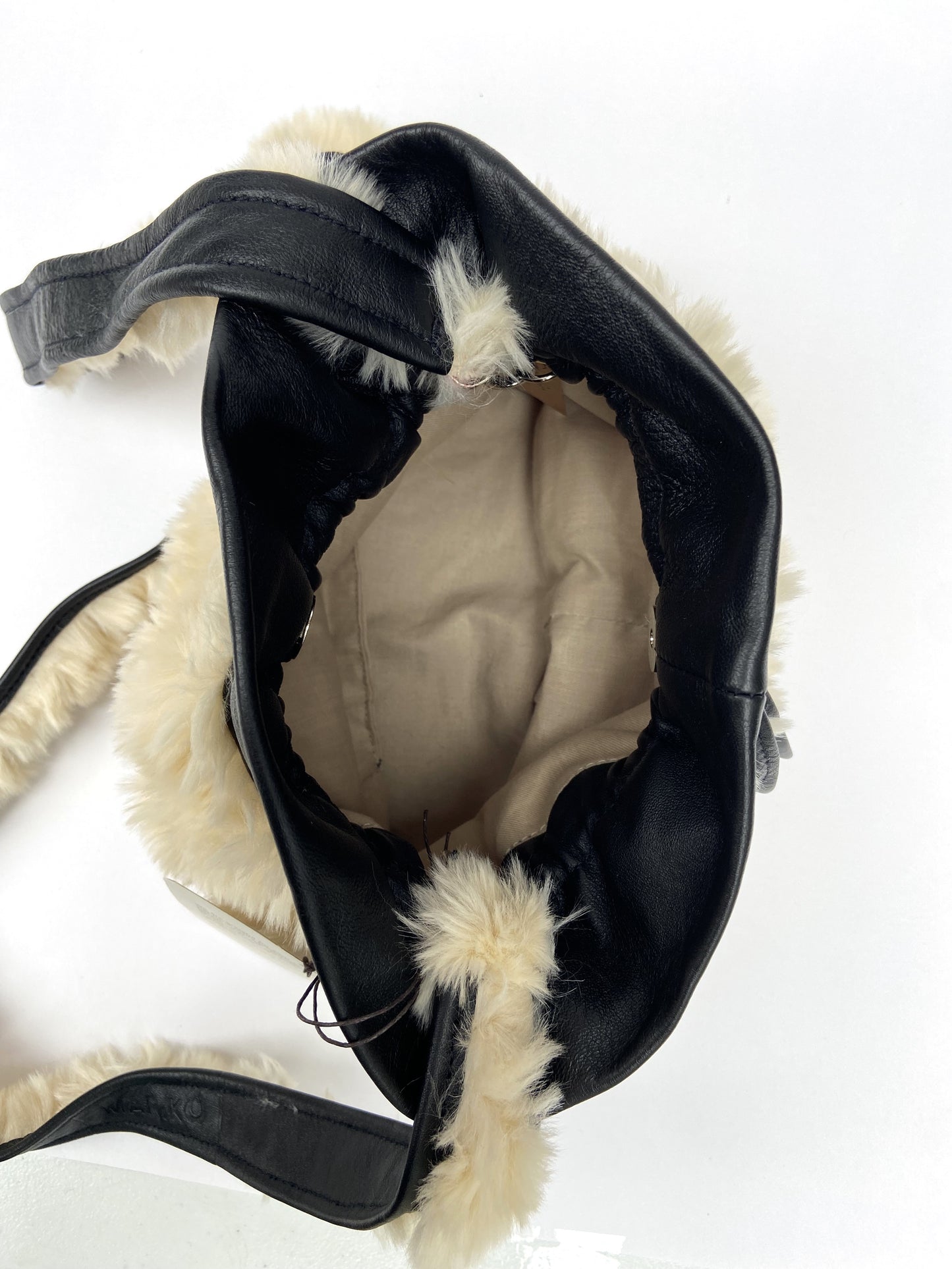 Black Leather and Faux Sherpa Shoulder Bag