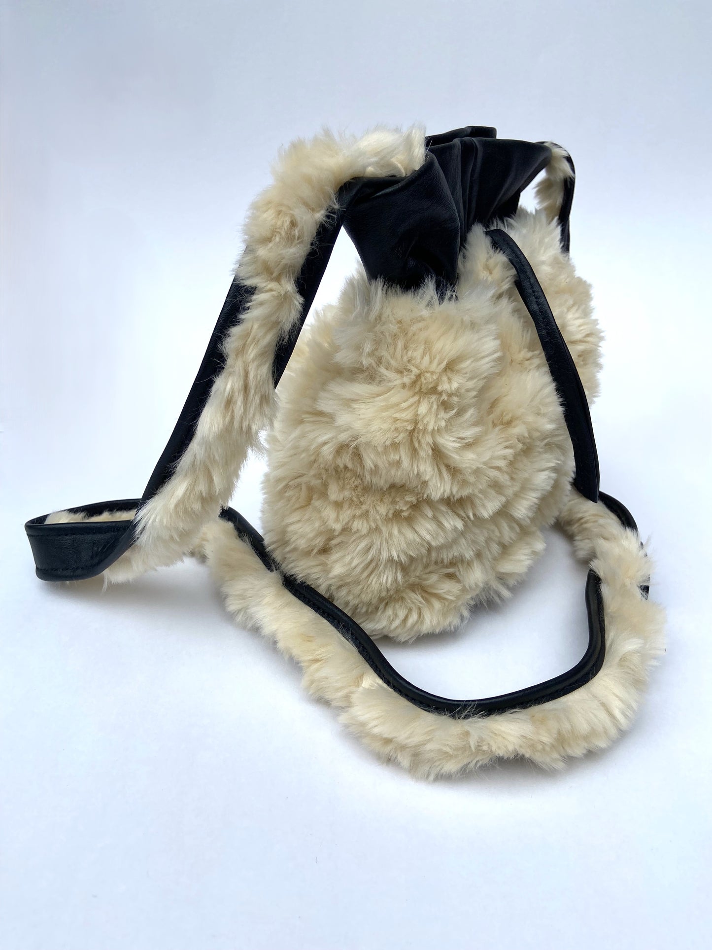Black Leather and Faux Sherpa Shoulder Bag