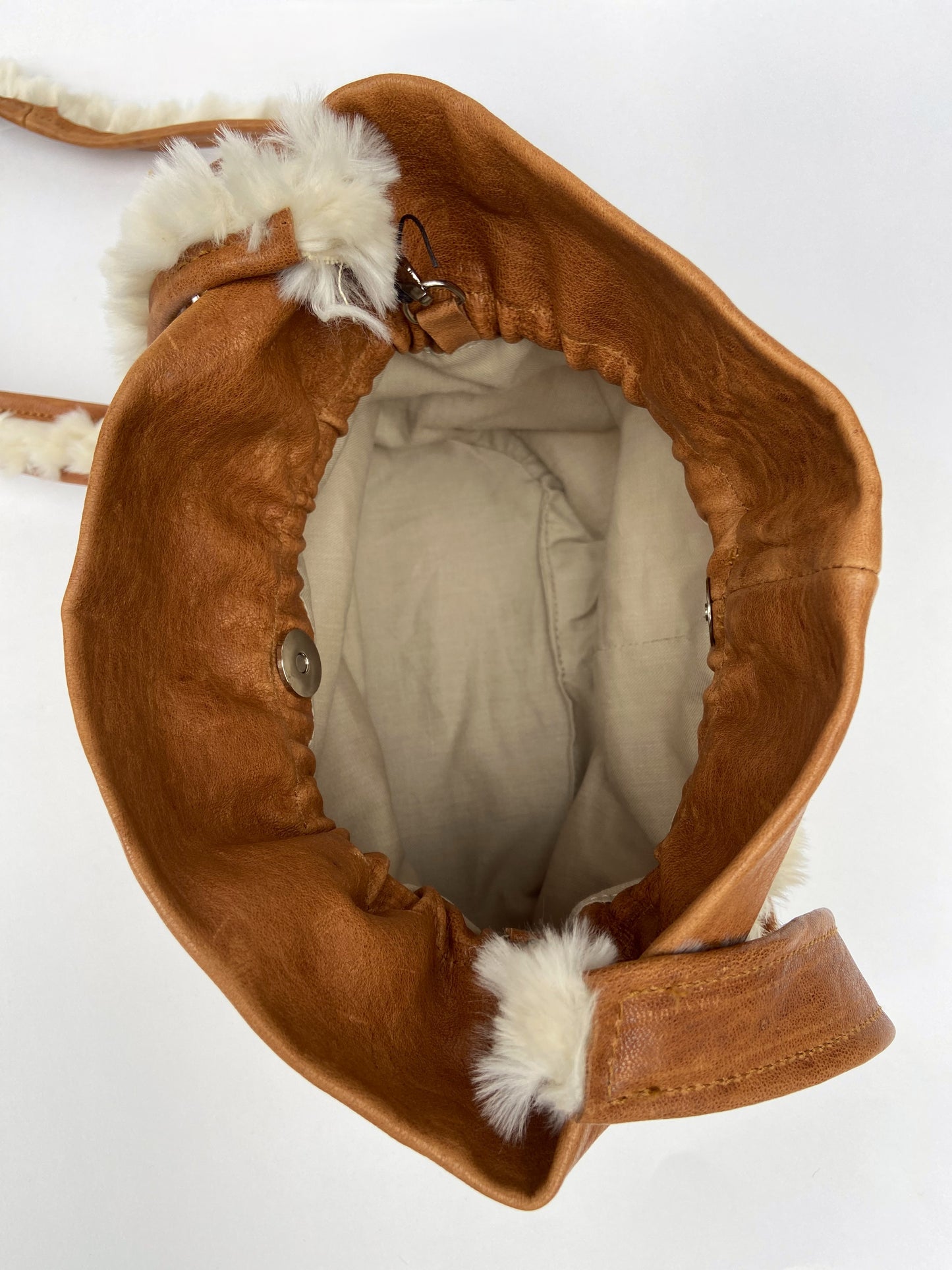 Brown Leather and Faux Sherpa Shoulder Bag