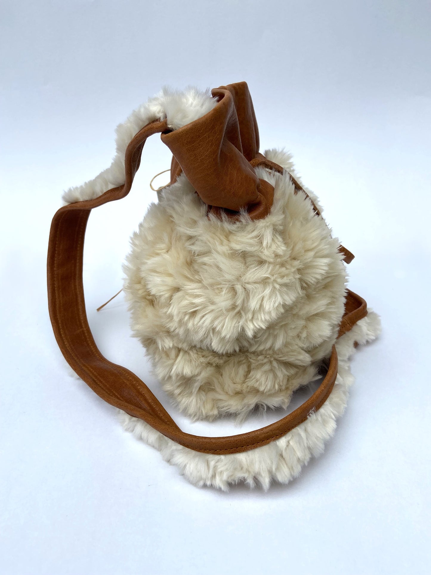 Brown Leather and Faux Sherpa Shoulder Bag