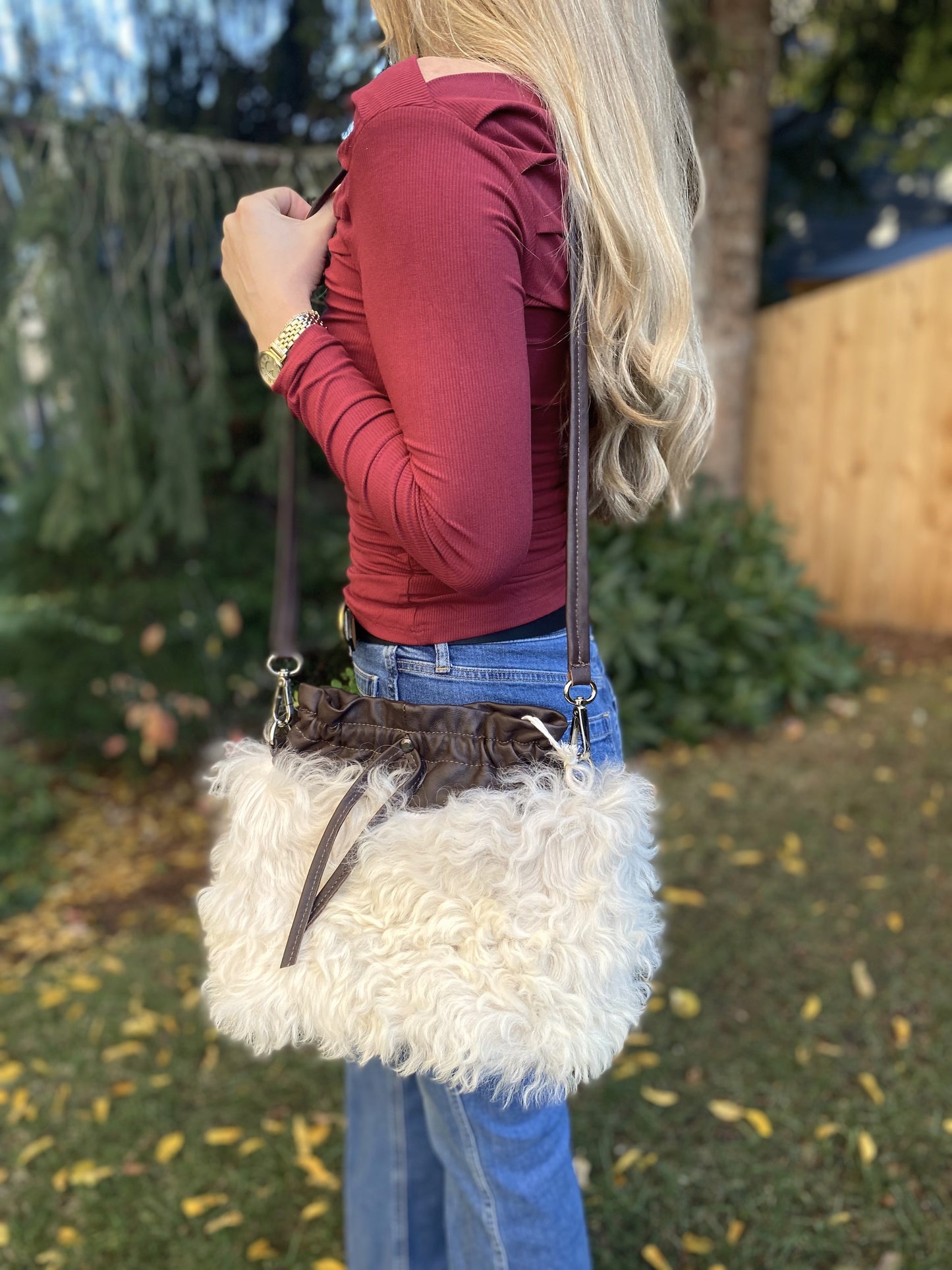 Leather and Real Curly Hair Sheep Fur Shoulder Bag