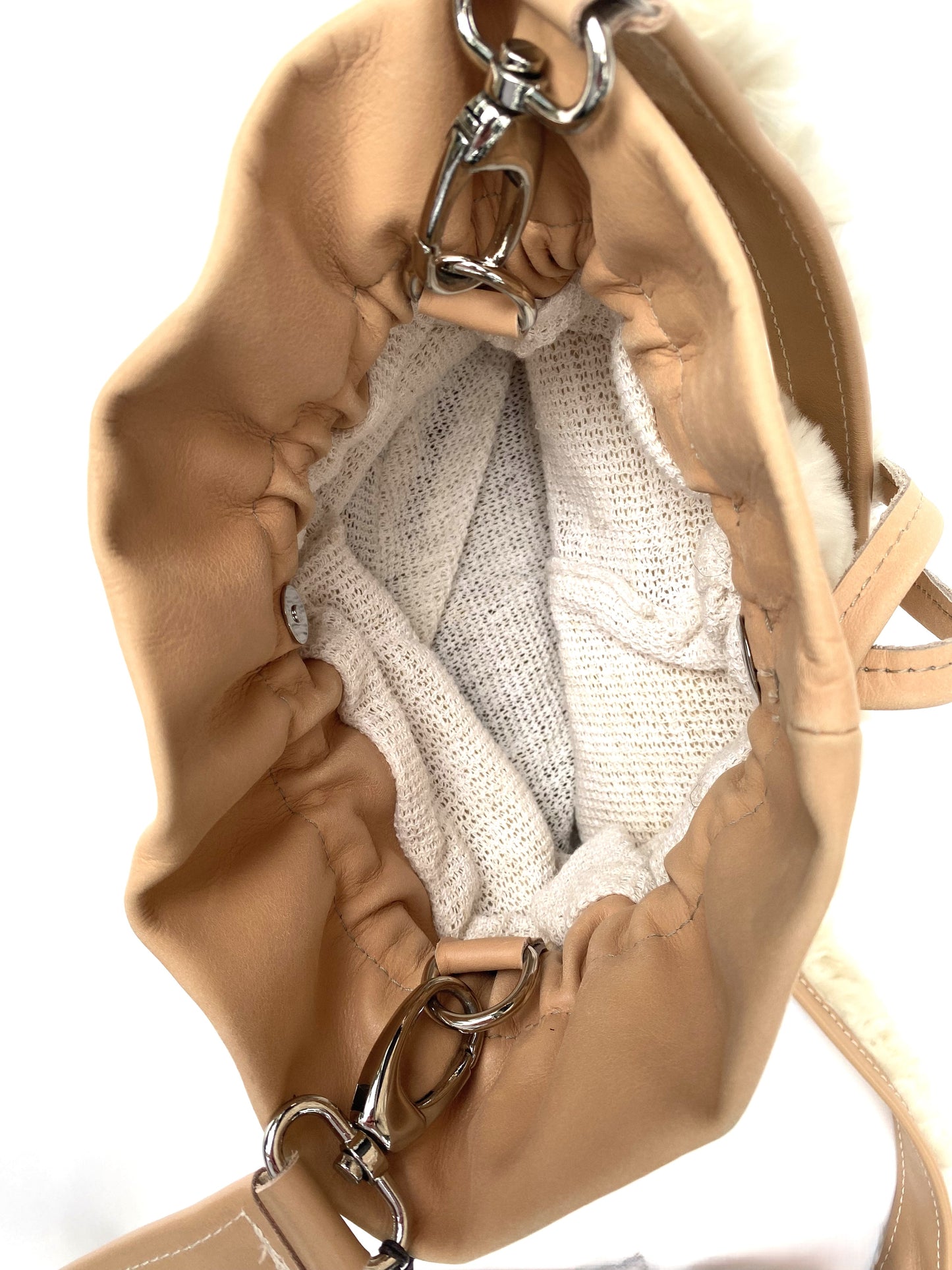 Nude Leather and Faux Sherpa Shoulder Bag