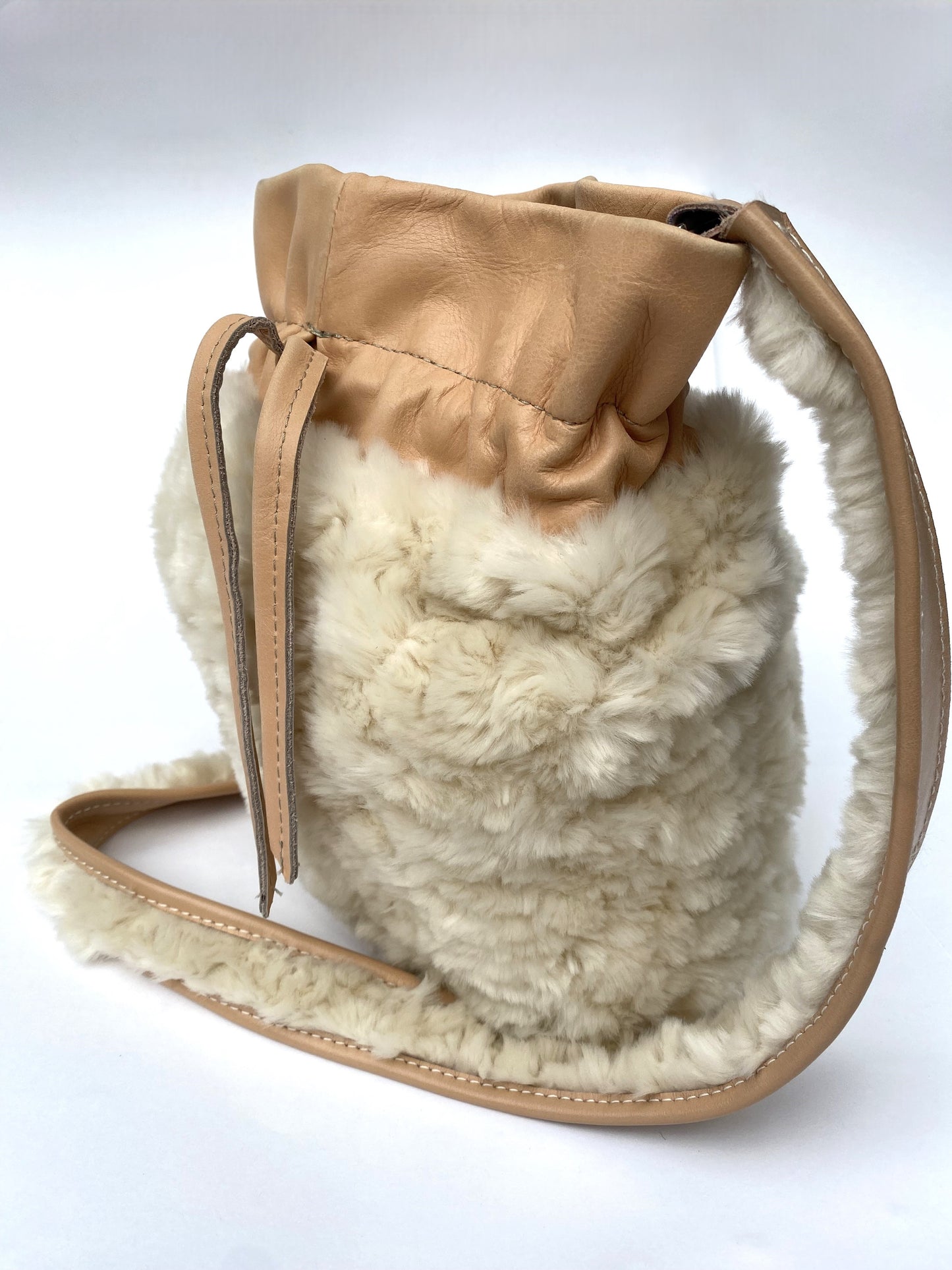 Nude Leather and Faux Sherpa Shoulder Bag