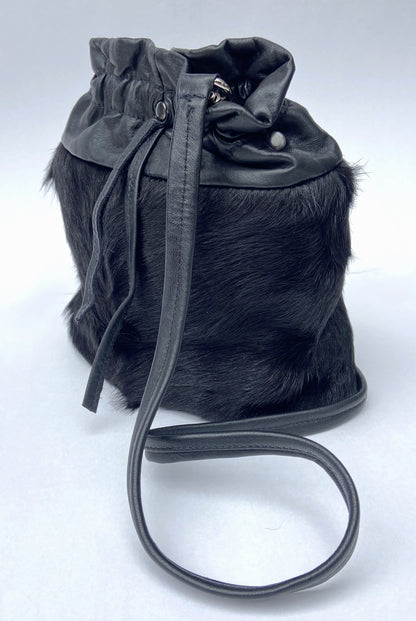 Leather and Cow Hide Shoulder Bag- All Black