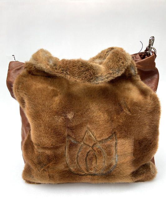 Embroidered Faux Fur Tote with Leather Sides