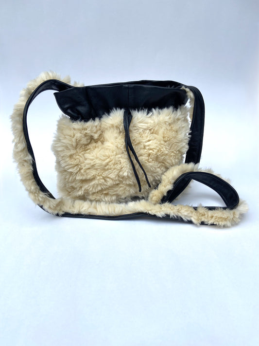 Black Leather and Faux Sherpa Shoulder Bag