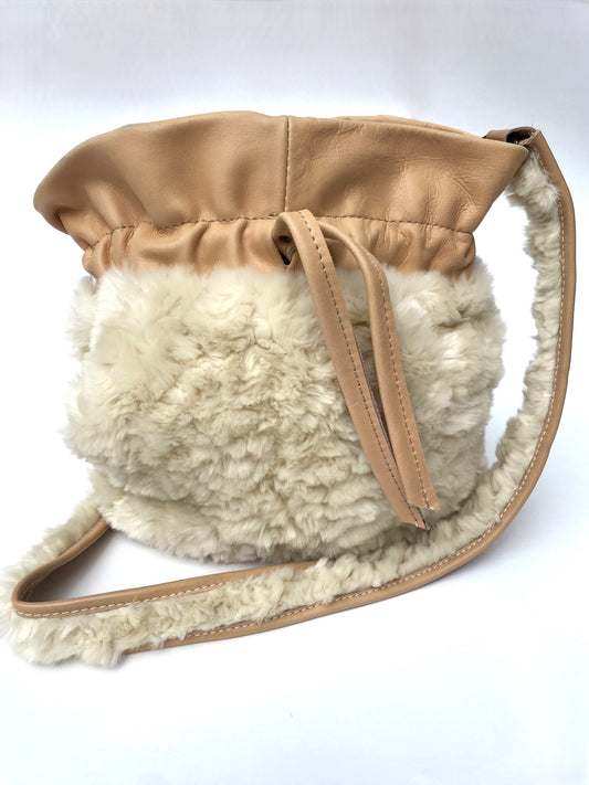 Nude Leather and Faux Sherpa Shoulder Bag