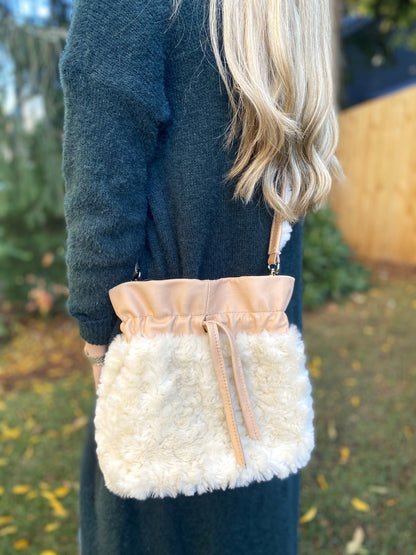 Nude Leather and Faux Sherpa Shoulder Bag