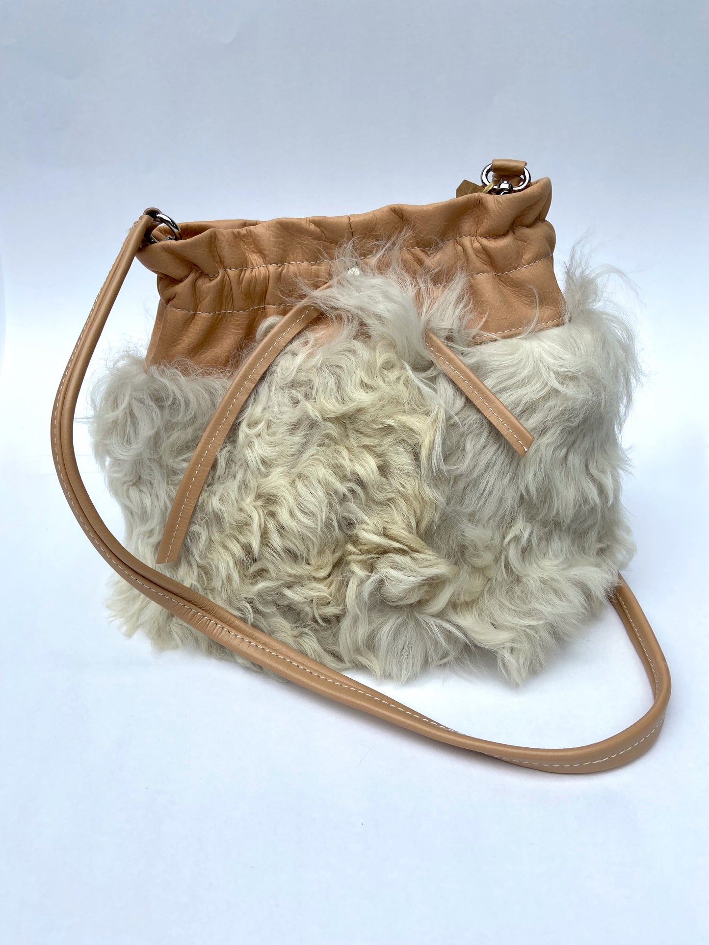 Nude Leather and Real Sherpa Shoulder Bag