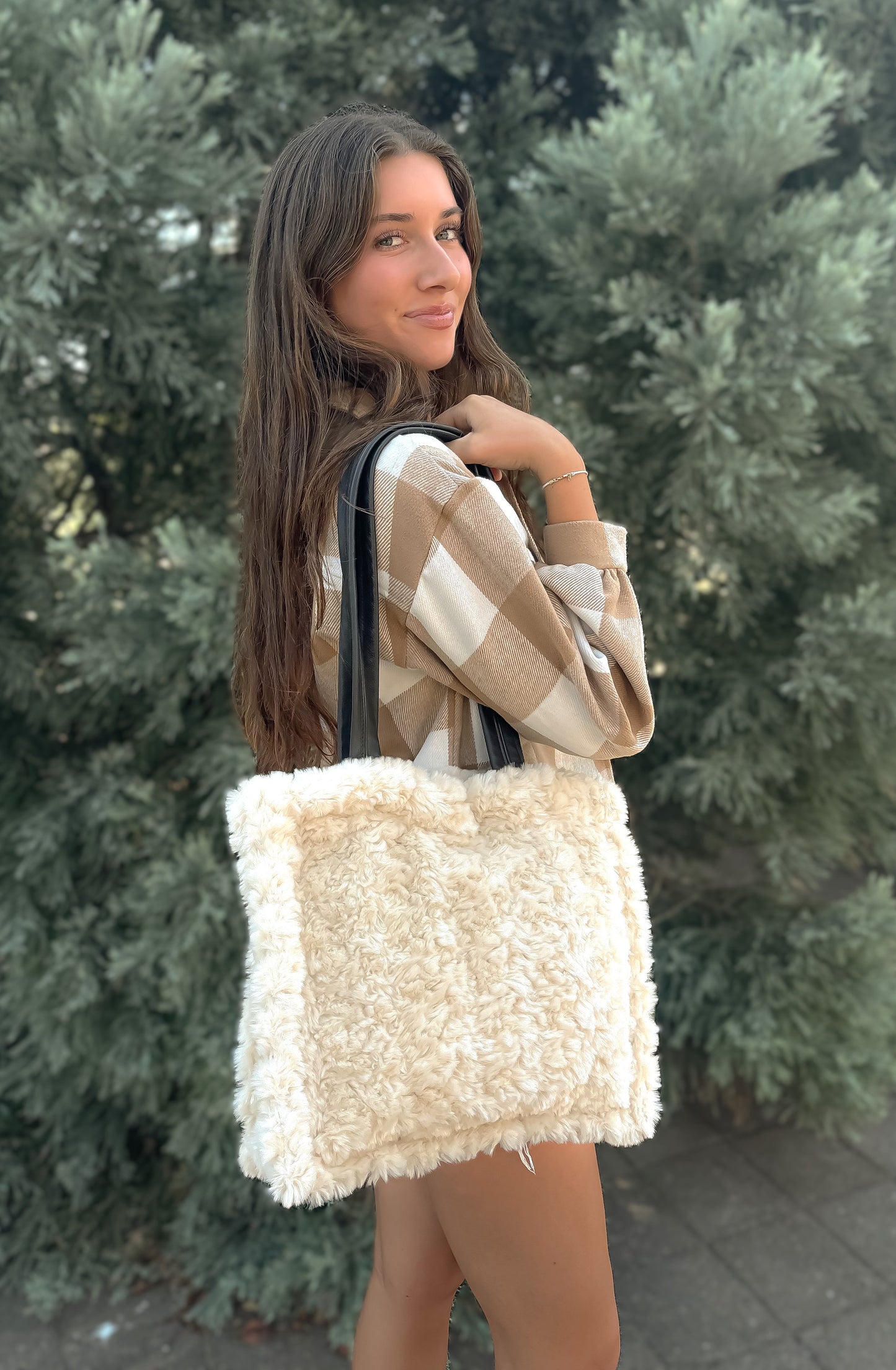 Faux Fur With Leather Strap Tote